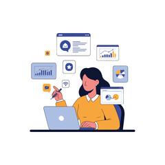 Woman working on a laptop surrounded by various data visualization elements and icons, representing business and technology.