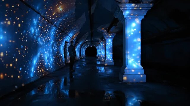 Person explores tunnel with digital projection. Blue cosmic lights dance on wall. Columns reflect light on wet floor. Innovative atmosphere creates immersive scene. Interactive visual experience.