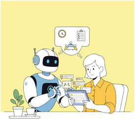 Robot and woman planning together using a tablet, with thought bubbles showing a clock and a to-do list.