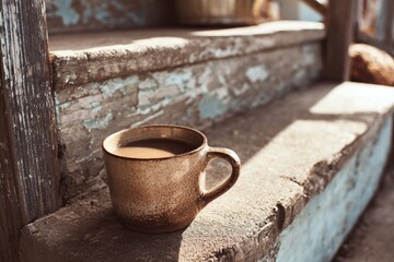 Warm cup rests on weathered steps, inviting moment of tranquilit