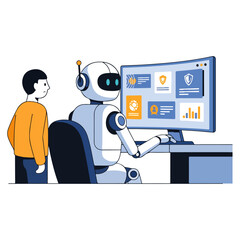 A robot and a man interacting with a computer displaying data and security information.