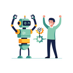Robot and human celebrating success with gears and checkmark, AI concept.