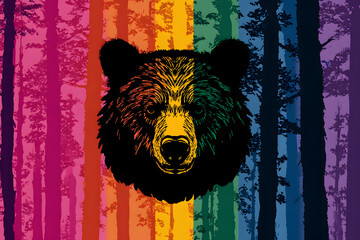 Colorful pop art illustration of bear face with vibrant striped background