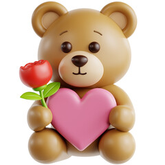 Teddy Bear Hugging Love Symbol and Flowers for Valentine's Day