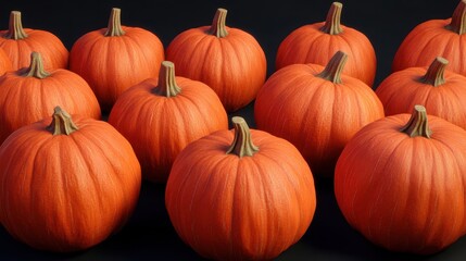 Obraz premium A cluster of bright orange pumpkins with textured skin and short stems against a dark background, highlighting their round shapes and vivid colors.