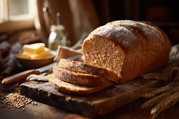 Rustic kitchen scene showing a whole wheat loaf and sliced bread on a wooden board beside butter and a knife