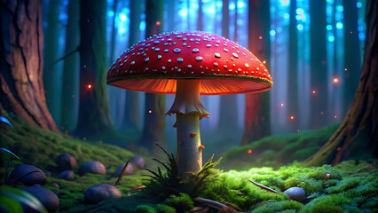 Fantasy mushroom in the forest at night. 3D Rendering