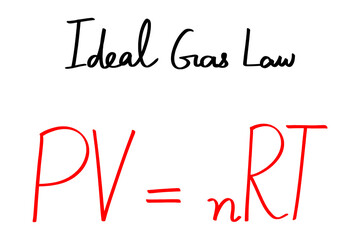 Ideal gas law equation, Red and black formula isolated on a white background, handwritten doodle illustration for science and chemistry