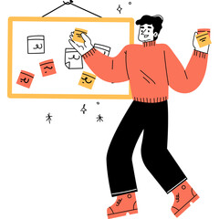 Man in Orange Sweater and Black Pants Placing Sticky Notes on a Whiteboard with Yellow Frame and Simple Drawings Featuring a Transparent Background Ideal for Presentations and Planning