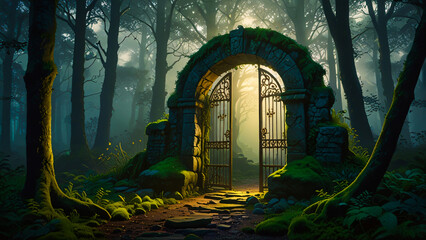 Fantasy stone. Ancient stone gate. Foggy forest, overgrown moss, vines. Dim golden light. Trees. Glowing pathway. Sacred, mythical. Book covers, game art, posters, wallpapers, creative, website