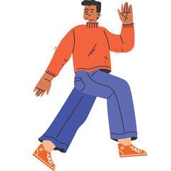Man In Orange Sweater And Blue Jeans Walking With Left Hand Raised On Transparent Background