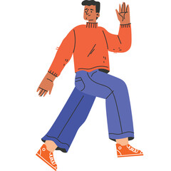 Man In Orange Sweater And Blue Pants Walking With One Hand Raised In A Simple Flat Design Style Isolated On White Background