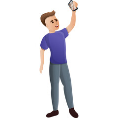 Man In Purple T Shirt And Gray Pants Takes A Selfie With His Phone Standing On A White Background