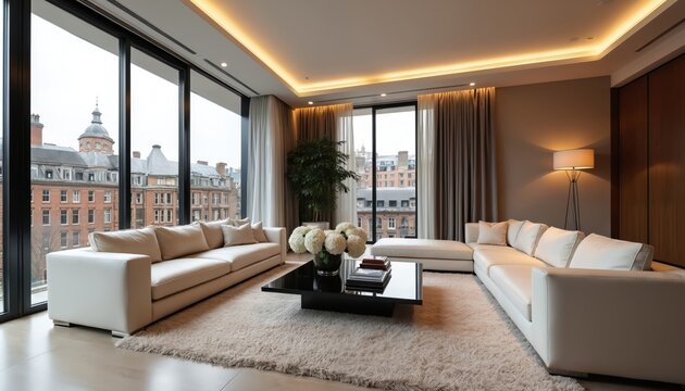 Modern white sofa sectional in elegant living room with large windows overlooking London cityscape. Interior offers luxurious comfort, sophisticated home decor style. Large fluffy rug enhances cozy