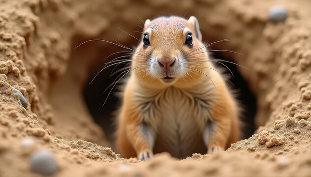 A curious small mammal with big eyes and prominent whiskers peeks out from a sandy burrow amid soft sand and pebbles.