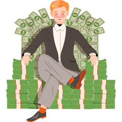 Man In Suit And Tie Sitting On A Throne Made Of Stacked Money With Dollar Bills Fanned Out Behind Him And On The Sides In A Studio Lighting