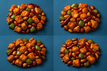 four Kung Pao Chicken on Blue Background - Feels like an image inserted in a magazine