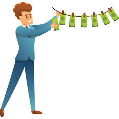 Man In Suit Hanging Money On A Clothesline With Clips The Man Is Smiling The Background Is White