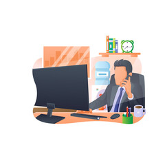 Man in Suit Talking on Phone at Desk with Computer and Office Supplies on Transparent Background