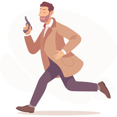 Man in Tan Coat and Purple Pants Running with Gun in Motion Dynamic Pose Outdoors with Blurred Background