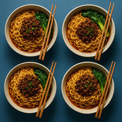 four Dan Dan Noodles on Blue Background - Feels like an image inserted in a magazine