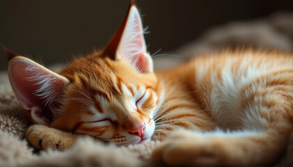 A cozy orange cat peacefully sleeps on a soft surface, exuding tranquility and warmth.