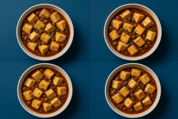 four Mapo Tofu on Blue Background - Feels like an image inserted in a magazine
