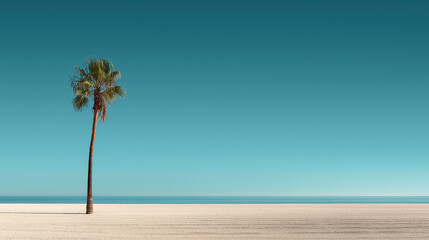 A single slender palm tree standing tall on an empty minimalist beach.