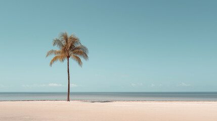 A single slender palm tree standing tall on an empty minimalist beach.
