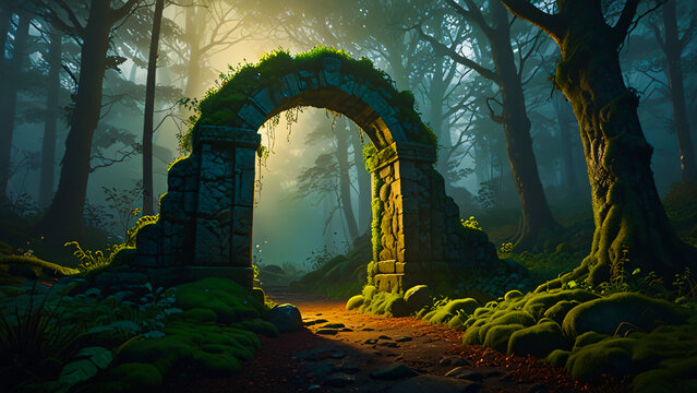 Fantasy stone. Ancient stone gate. Foggy forest, overgrown moss, vines. Dim golden light. Trees. Glowing pathway. Sacred, mythical. Book covers, game art, posters, wallpapers, creative, website