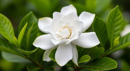 Fototapeta premium Close up of a blooming white gardenia flower with leaves