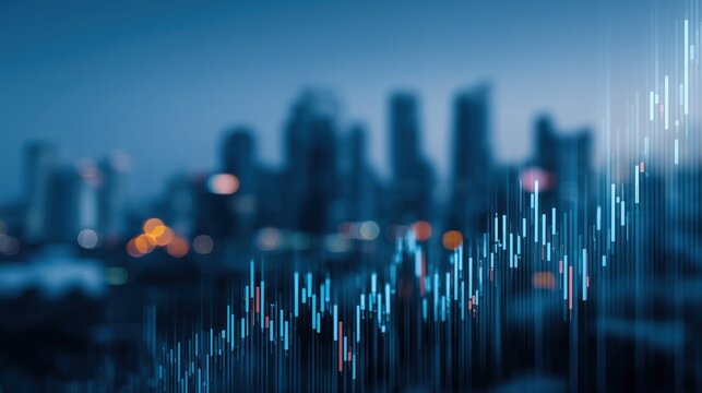 Abstract Financial Graph Against Blurred City Skyline at Dusk for Investment and Business Concepts