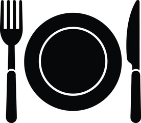 Small plate with fork knife and spoon silhouette vector icon on white background