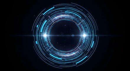 Abstract circular light trails with lens flare on black background for technology