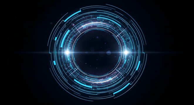 Abstract circular light trails with lens flare on black background for technology