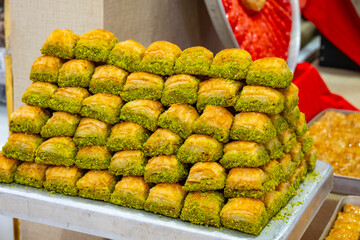 Karisik Turk tatlilari. New dessert varieties at the  luxury hotel open buffet. Milk-based desserts,  Turkish Dessert Sobiyet, havuc dilimi, midye baklava, mussels baklava and classic baklava. 