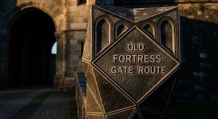 Ancient Fortress Gate Sign Directing Path Towards Historical Archaeological Site