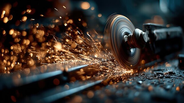 Dynamic Metal Cutting Process with Sparks and Shimmering Light in Workshop Environment
