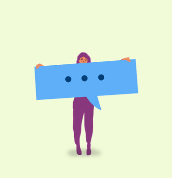 Person holding large speech bubble symbolizing online messaging and communication