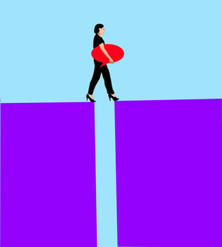 Person walking across a gap holding a speech bubble symbolizing communication