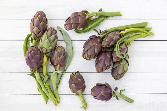 Fresh Italian violet artichokes on white wooden studio background