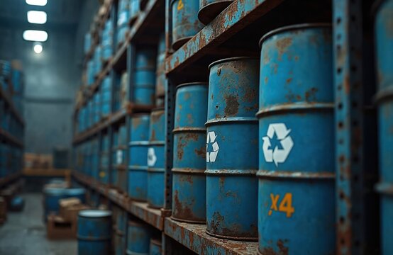 Rows of old blue metal drums are stacked high in a dark warehouse. Some drums show rust and have recycling symbols painted on them. They appear to be storing industrial chemicals or waste materials. - Powered by Adobe