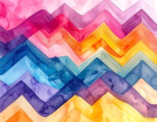 Colorful watercolor zigzags flow across the frame in shades of pink, yellow, and blue