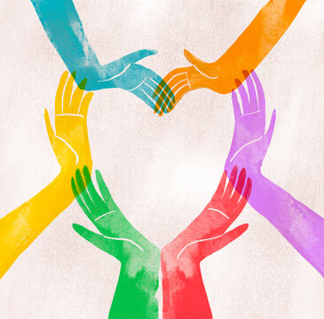Colorful hands forming a heart symbol representing love and unity