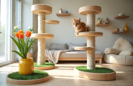 Ginger cat rests on multi level scratching post. Modern cat tree with sisal rope and wood platforms provides feline amusement. Indoor play structure for pet comfort and activity near window.