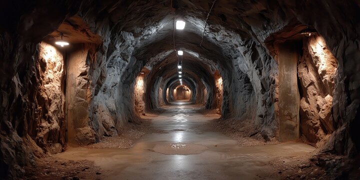 Subterranean Tunnel Interior with Rocky Walls and Dimmed Lighting in Stark Atmosphere