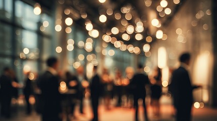 Blurred elegant party with soft light and happy people in suits at a festive corporate gala, perfect for event promotions or upscale social gatherings