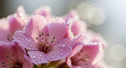 Delicate pink azalea flower covered in morning dew close up