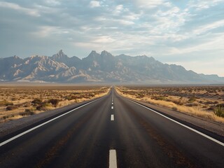 Long empty asphalt road leading to distant mountains under a cloudy sky