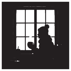 Silhouette of a person holding a cup in front of a window